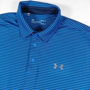 Under Armour Mens HeatGear Polo Shirt Blue Striped Medium Short Sleeve Loose Fit